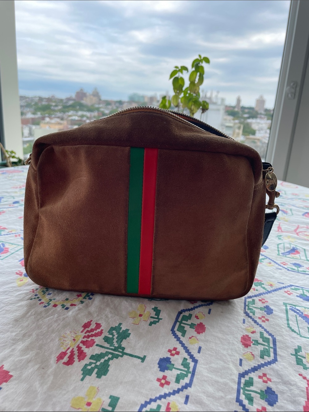 Brown Suede Clare V Bag with Green & Red Stripe